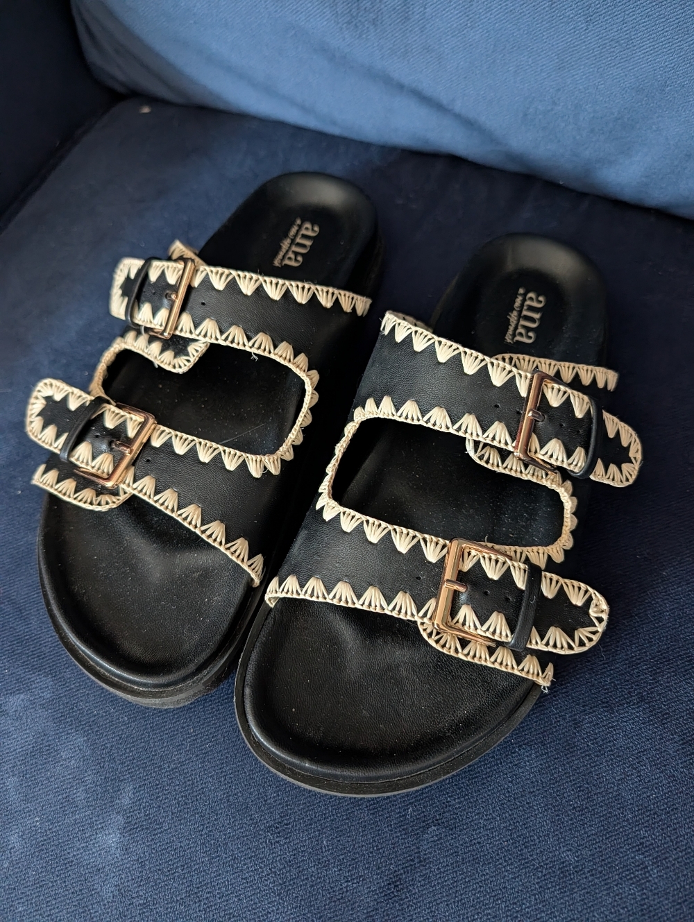 a.n.a Black Slide Sandals with Cream Trim and Buckles 🩵